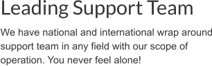 Leading Support Team We have national and international wrap around support team in any field with our scope of operation. You never feel alone!